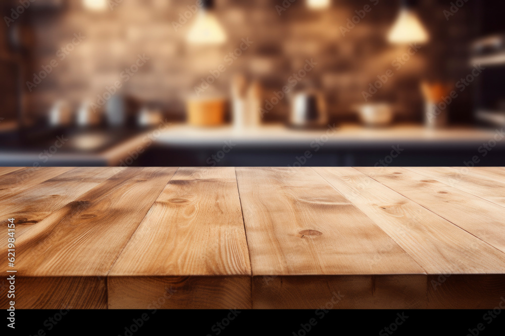 Beautiful empty brown wooden table top and blurred defocused modern kitchen interior background with daylight flare, product montage display,banner.