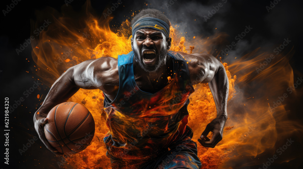 Flames of Basketball Fury. Striking Player in Action with Fiery Jersey on a Dark Court
Flames of Basketball Fury. Striking Player in Action with Fiery Jersey on a Dark Court