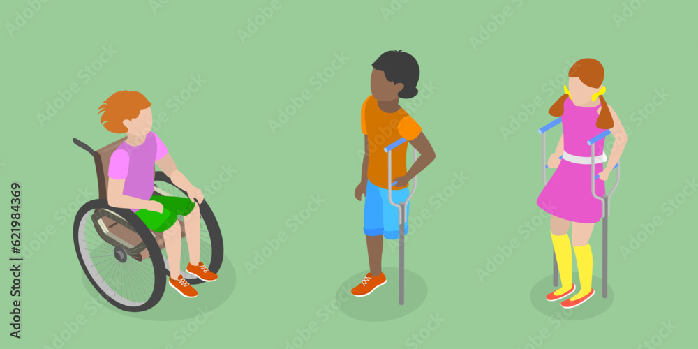 3D Isometric Flat Vector Conceptual Illustration of Children With Cerebral Palsy, Support for Kids with Health Problems 3D Isometric Flat Vector Conceptual Illustration of Children With Cerebral Palsy, Support for Kids with Health Problems