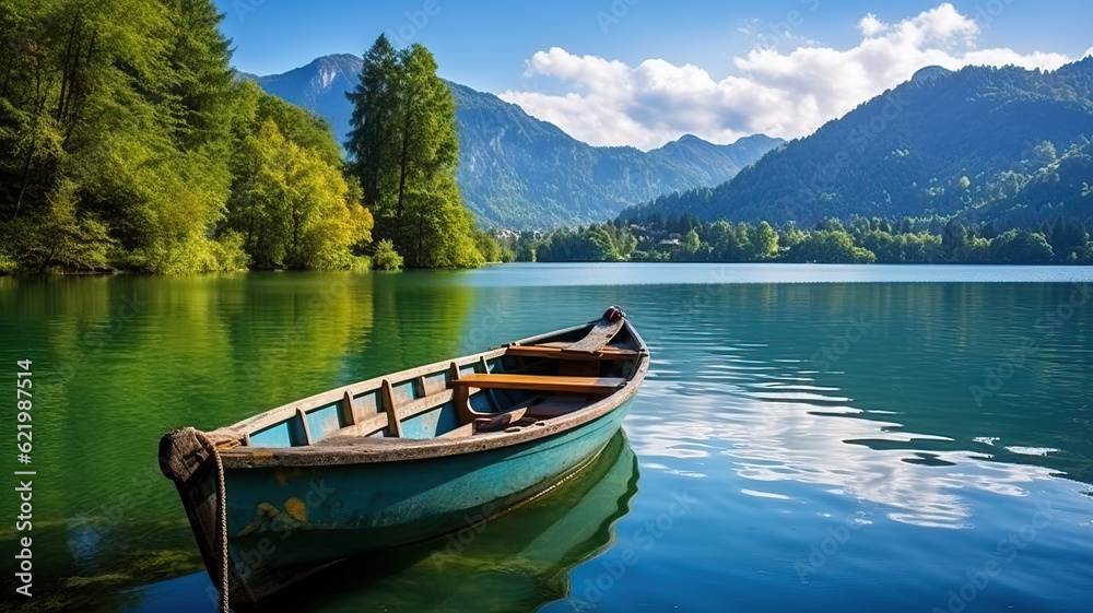 landscape with wooden boat on lake