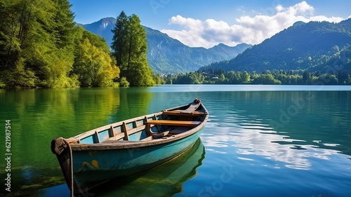 landscape with wooden boat on lake