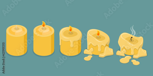 3D Isometric Flat Vector Set of Wax Candles, Stages Of Burning