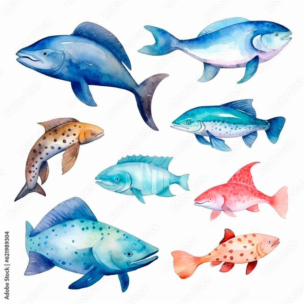 fish set watercolor on a white background created with Generative Ai fish set watercolor on a white background created with Generative Ai