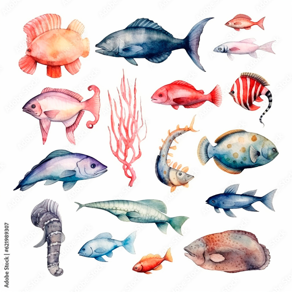 Fototapeta premium fish set watercolor on a white background created with Generative Ai