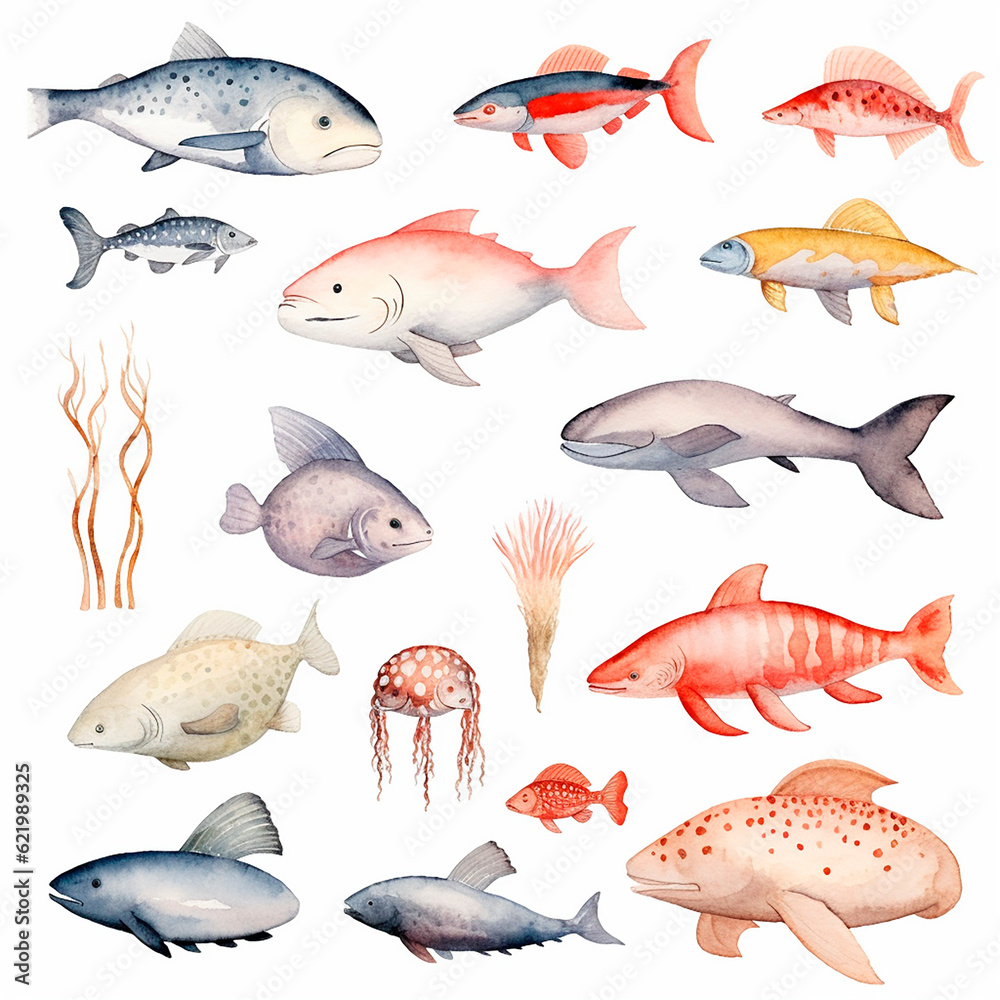 Fototapeta premium fish set watercolor on a white background created with Generative Ai