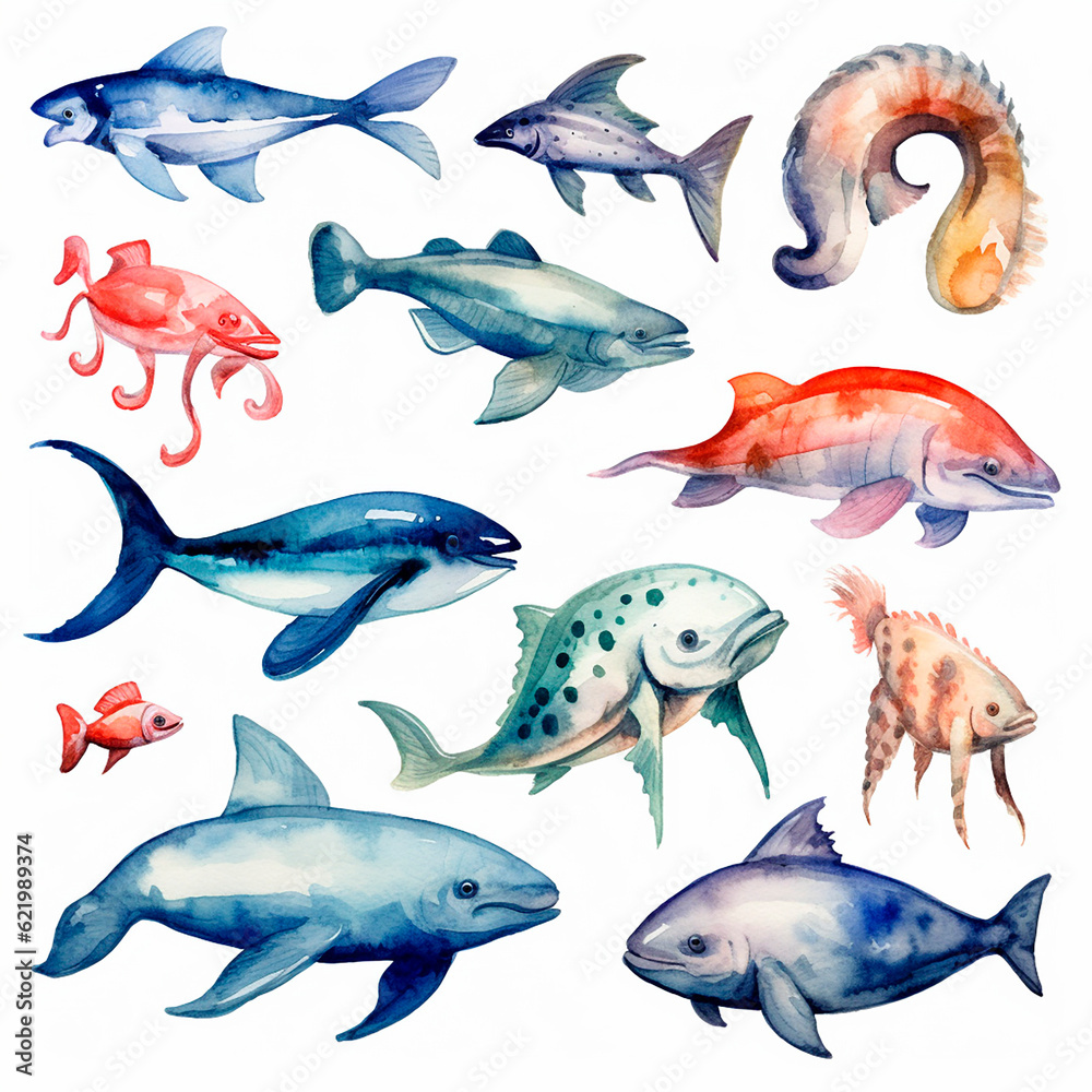 Fototapeta premium fish set watercolor on a white background created with Generative Ai