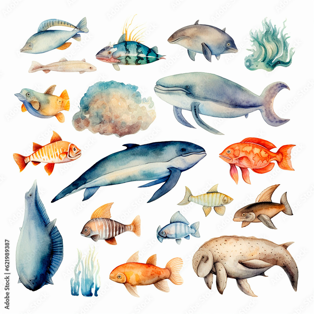 Naklejka premium fish set watercolor on a white background created with Generative Ai