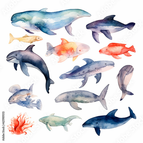 fish set watercolor on a white background created with Generative Ai