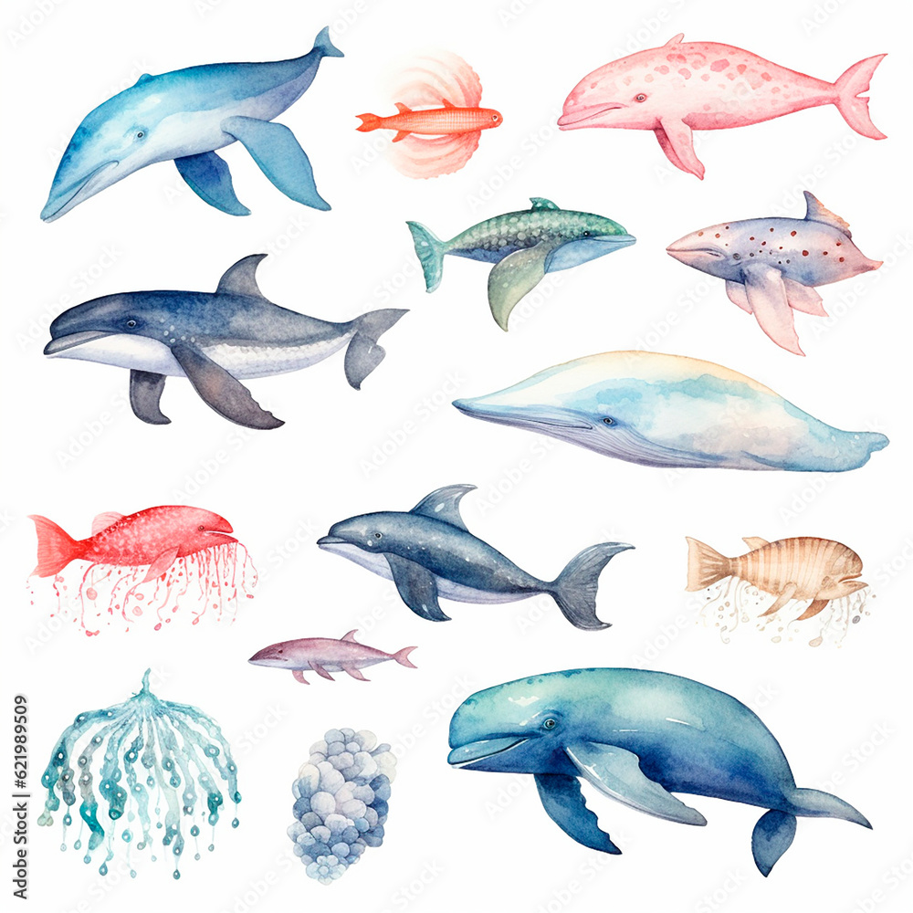 Fototapeta premium fish set watercolor on a white background created with Generative Ai