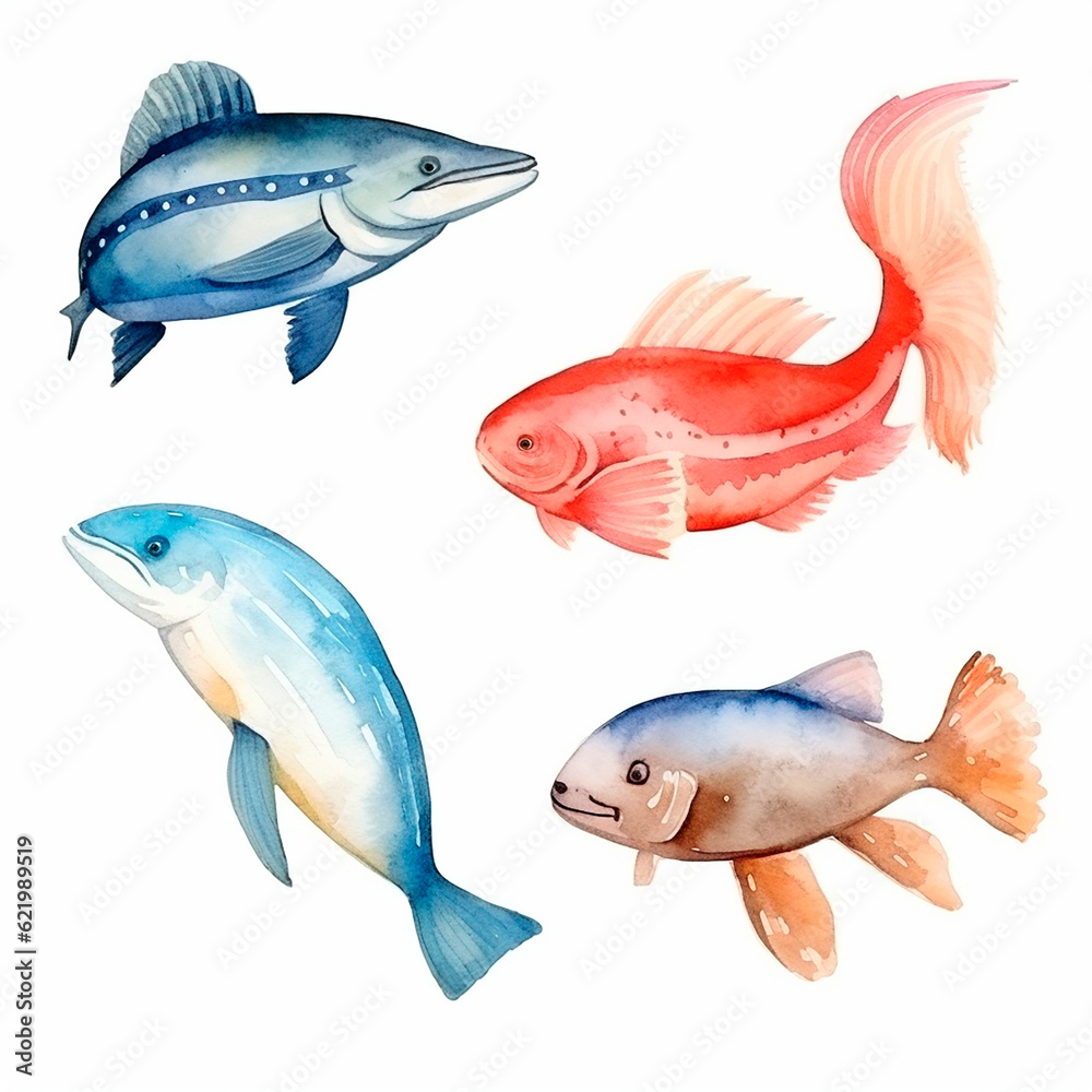 fish set watercolor on a white background created with Generative Ai fish set watercolor on a white background created with Generative Ai