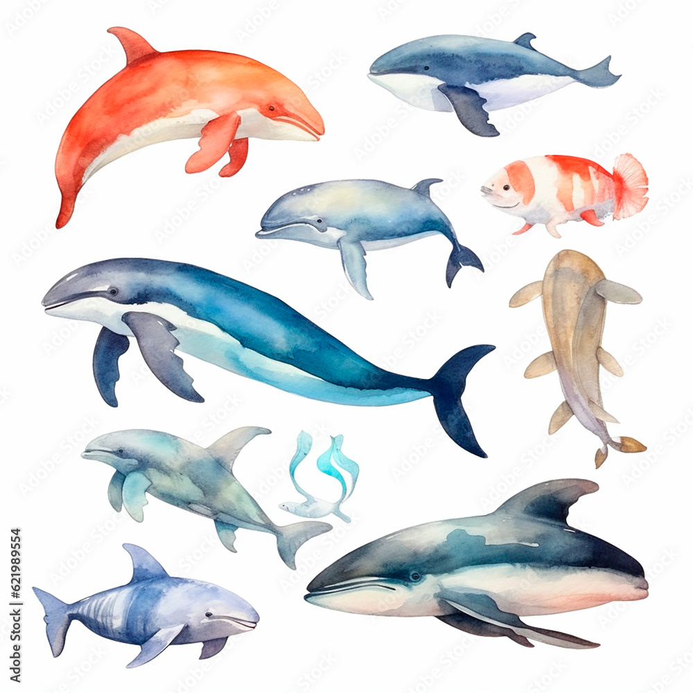 Fototapeta premium fish set watercolor on a white background created with Generative Ai
