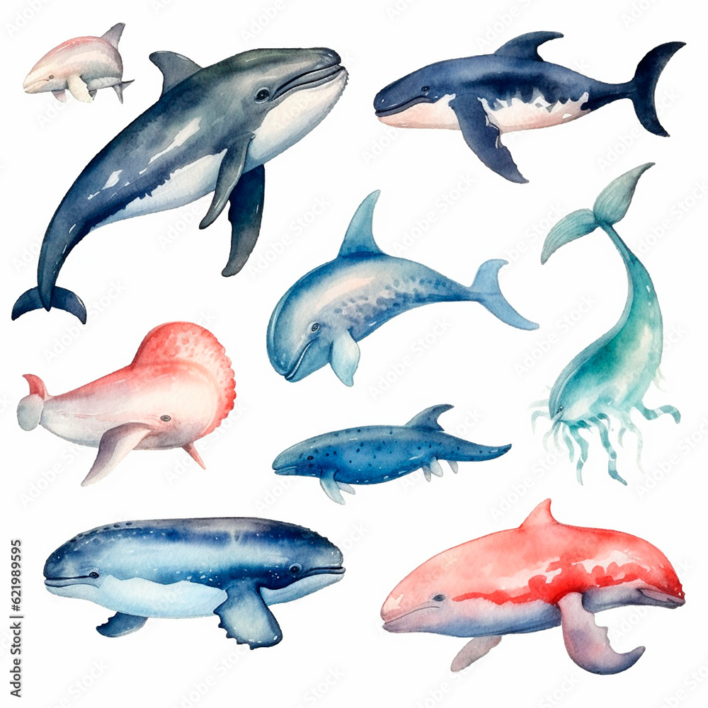 Fototapeta premium fish set watercolor on a white background created with Generative Ai