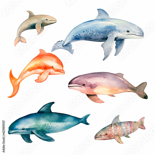 fish set watercolor on a white background created with Generative Ai