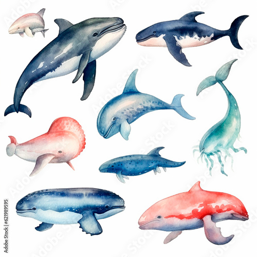 fish set watercolor on a white background created with Generative Ai