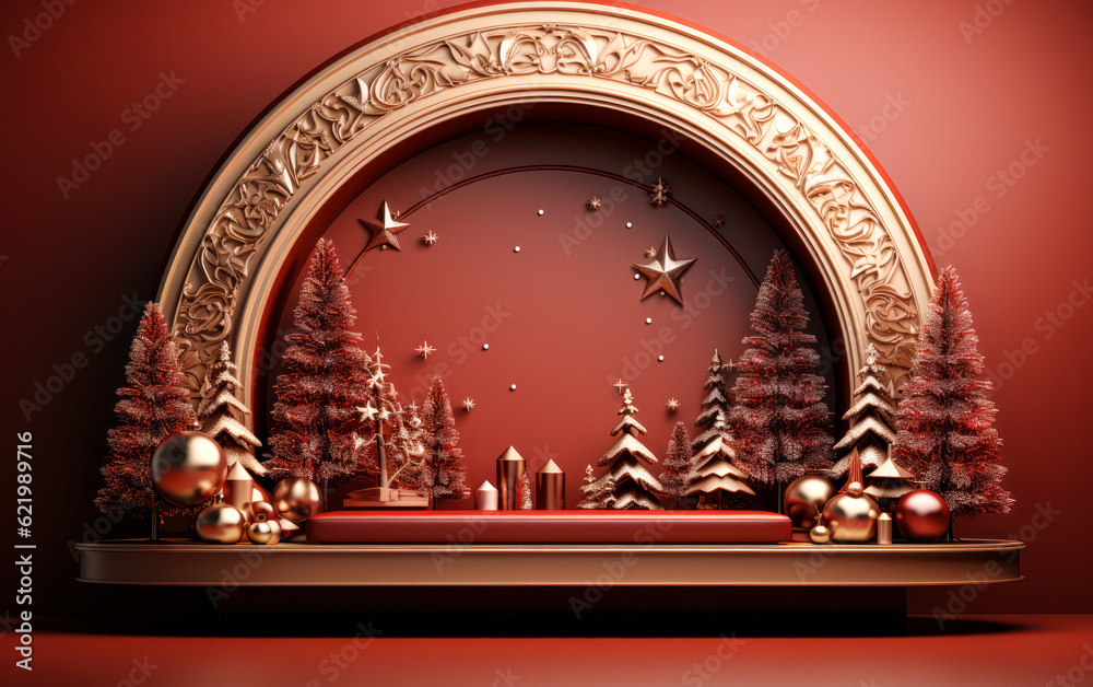 Gilded Splendor: Empty Red and Golden Dais for Luxury Christmas Showcase, 3D Background