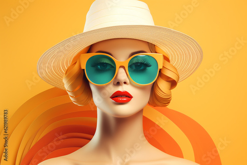 Beaut, fashion, travel, summer and vacation concept. Retro style fashion woman wearing trendy sunglasses portrait illustration. Minimalistic design in 3d paper art style. Generative AI © Rytis