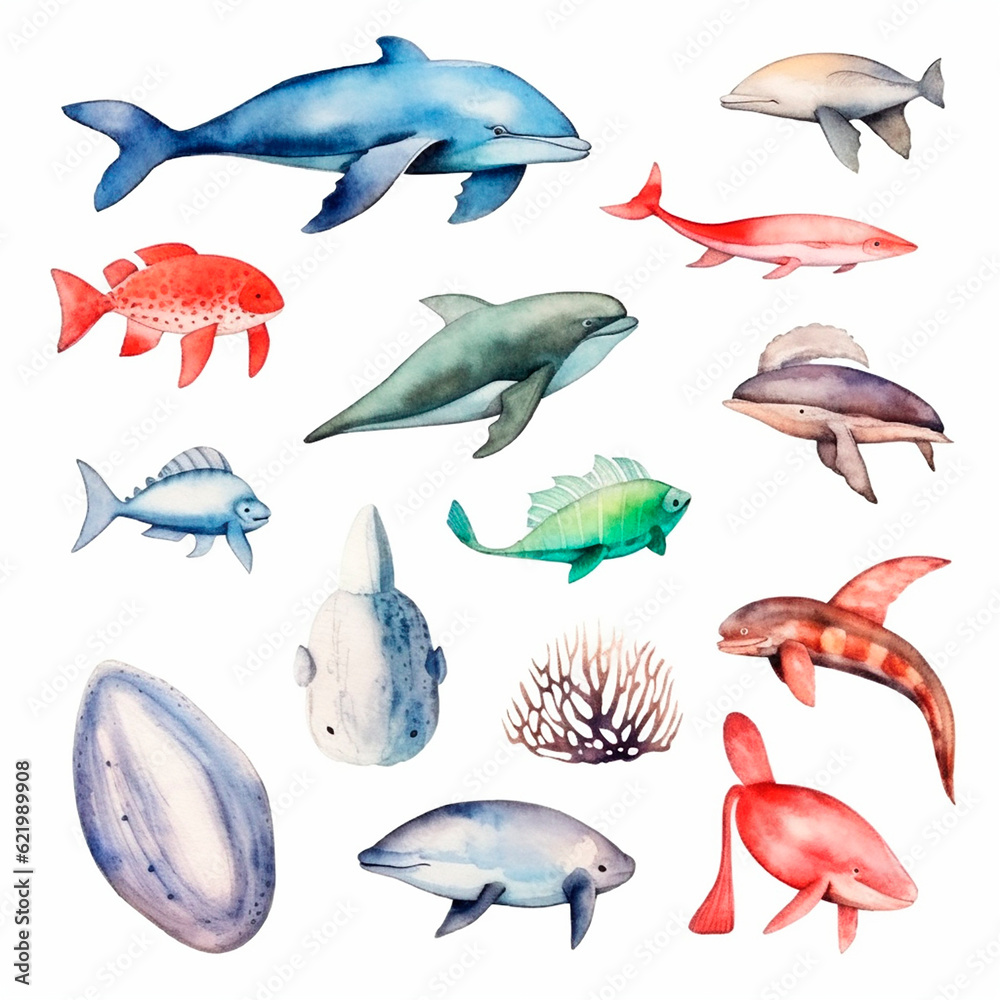 Fototapeta premium fish set watercolor on a white background created with Generative Ai