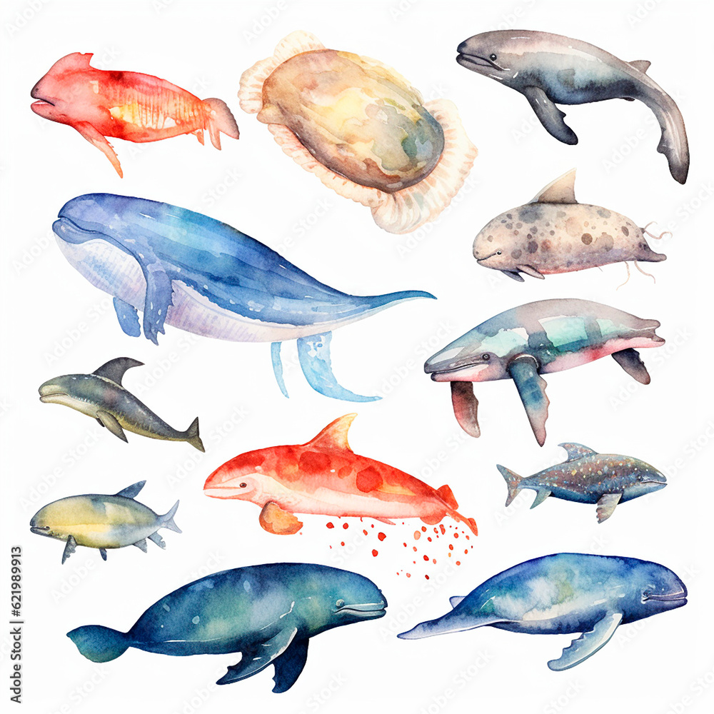 fish set watercolor on a white background created with Generative Ai fish set watercolor on a white background created with Generative Ai