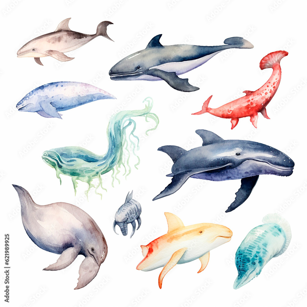 Fototapeta premium fish set watercolor on a white background created with Generative Ai