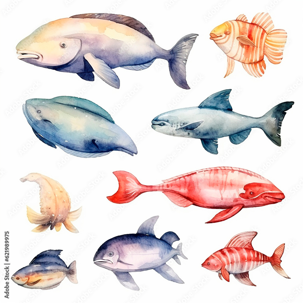 Naklejka premium fish set watercolor on a white background created with Generative Ai