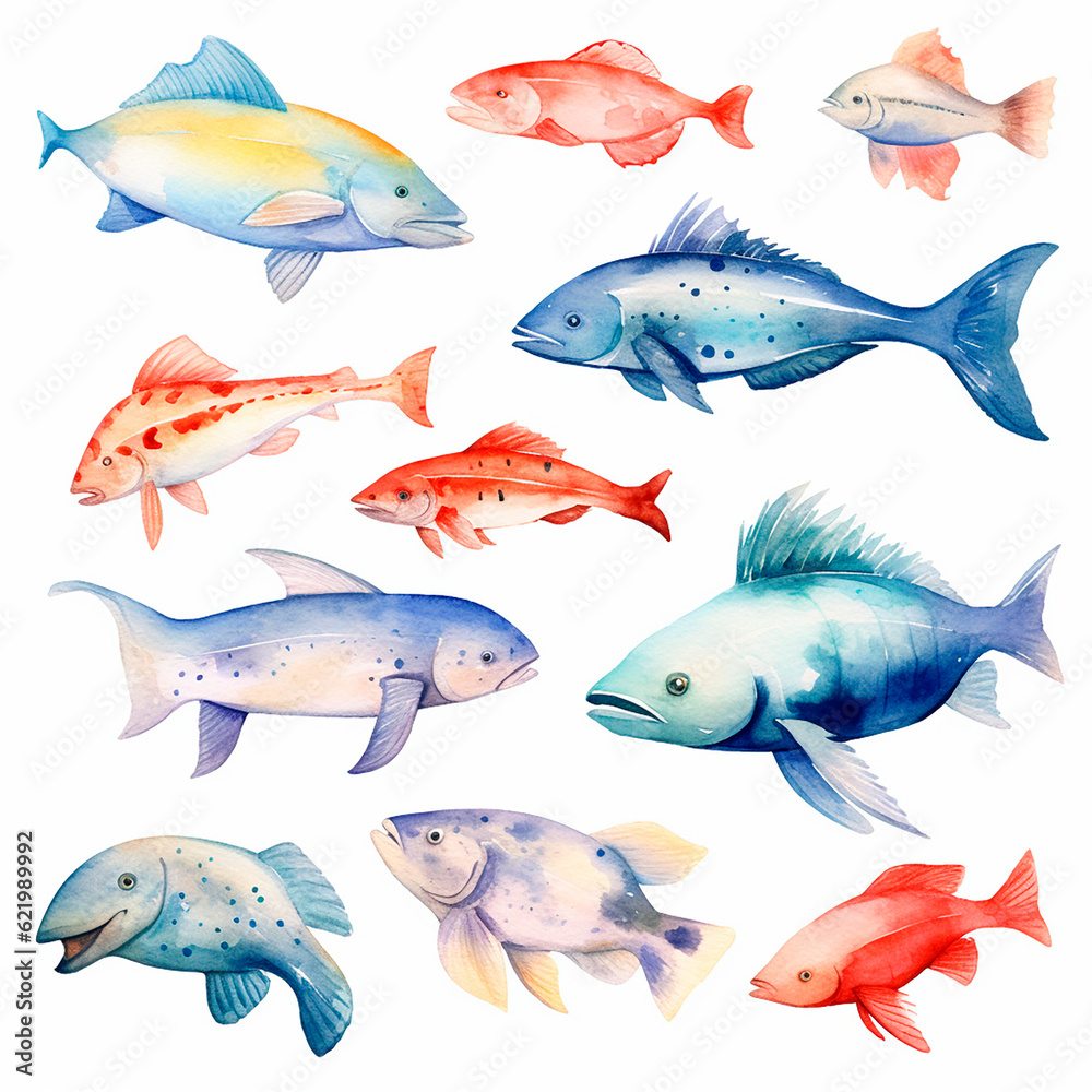 Fototapeta premium fish set watercolor on a white background created with Generative Ai