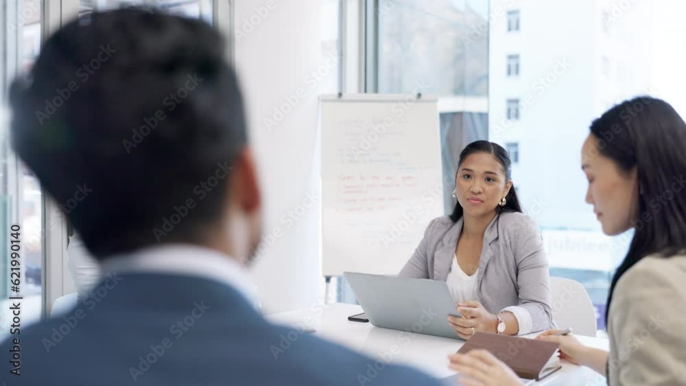Business people meeting, leader pr question about development strategy, corporate agenda or group plan. Team collaboration, employee engagement or man raise hand to ask woman about project management Business people meeting, leader pr question about development strategy, corporate agenda or group plan. Team collaboration, employee engagement or man raise hand to ask woman about project management