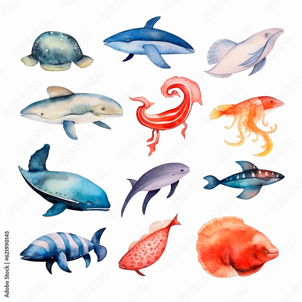 fish set watercolor on a white background created with Generative Ai