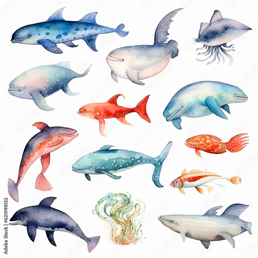fish set watercolor on a white background created with Generative Ai fish set watercolor on a white background created with Generative Ai