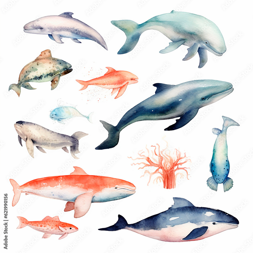 Fototapeta premium fish set watercolor on a white background created with Generative Ai