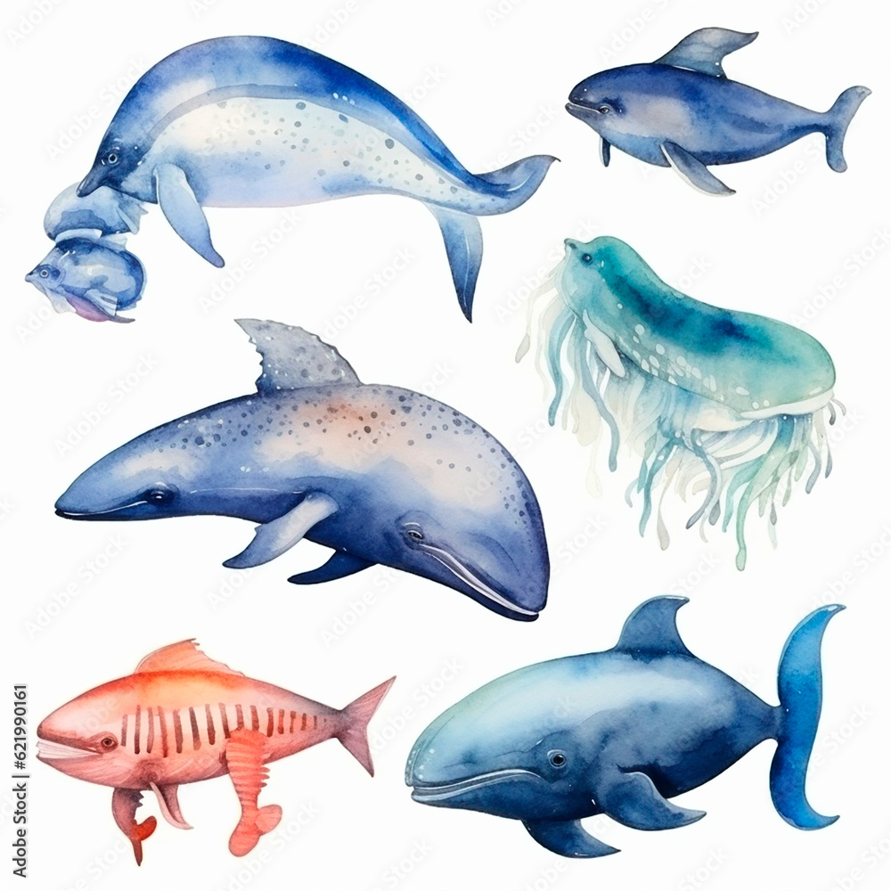 Fototapeta premium fish set watercolor on a white background created with Generative Ai