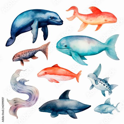 fish set watercolor on a white background created with Generative Ai