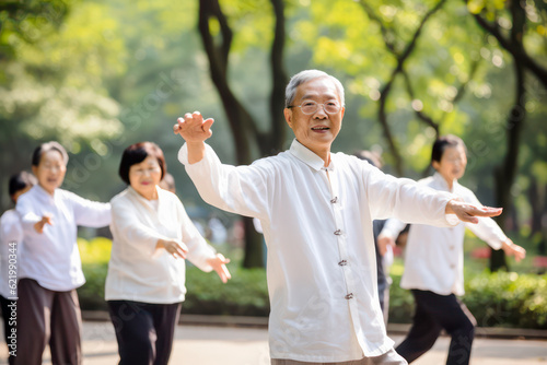 Group of elderly people performing Tai Chi exercise in a park