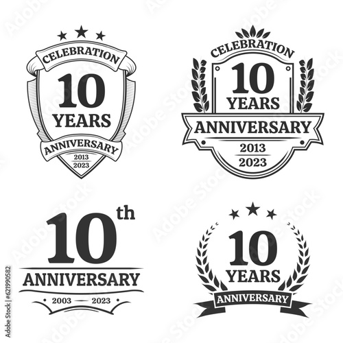 10 years anniversary icon or logo set. Vintage birthday banner design. 10th anniversary jubilee celebration badge or label collection. Vector illustration.