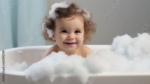 Tela Smiling baby girl bathes in bathtub with foam. Generative AI.
