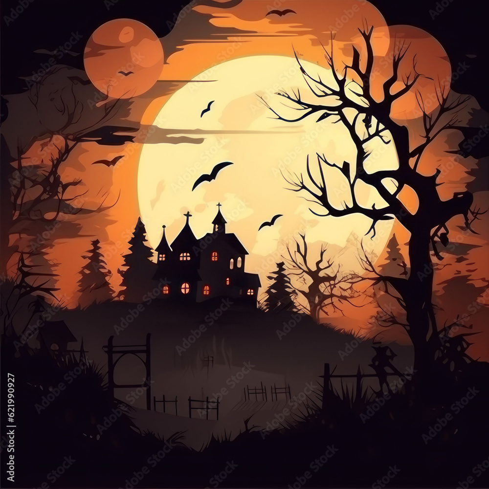 Halloween background, forest, house and moon, birds, graphic style. AI generative.