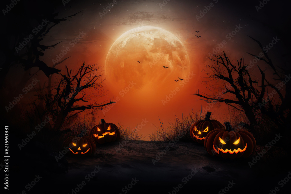 Halloween background, pumpkins in the forest and the moon, graphic style. AI generative.