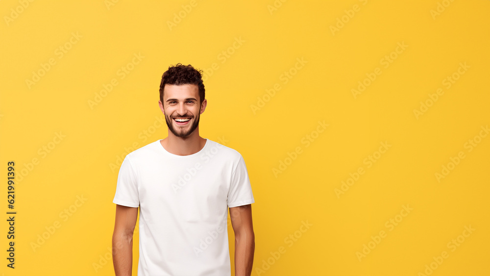 Hübscher Mann mit Bart in weißen T-Shirt auf gelben Hintergrund lacht Porträt, ai generativ Hübscher Mann mit Bart in weißen T-Shirt auf gelben Hintergrund lacht Porträt, ai generativ