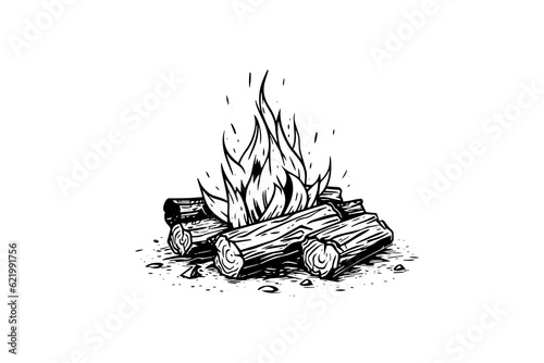 Hand drawn camping bonfire. Vector illustration of fire in sketch engraving style.