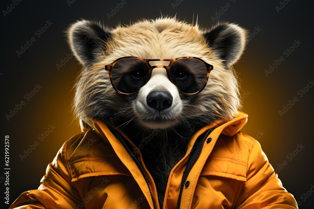 Portrait of bear with sunglasses wearing winter jacket on solid background. Generative AI.