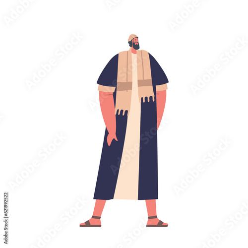 Ancient Israelite Man Stands Tall Full Height. Mature Bearded Male Character Wears Traditional Clothing, Illustration