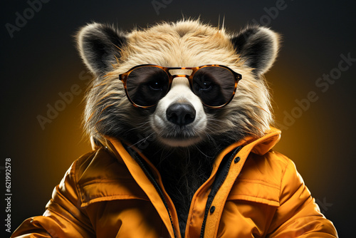 Portrait of bear with sunglasses wearing winter jacket on solid background. Generative AI. © Bobboz