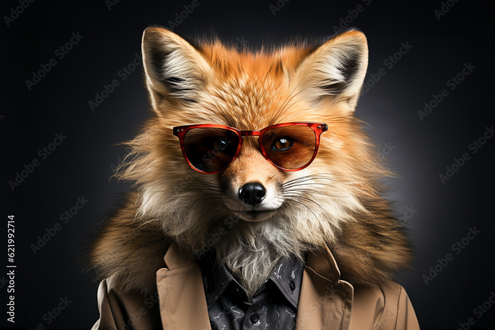 Portrait of red fox with sunglasses wearing winter jacket and shirt on solid background. Generative AI. Portrait of red fox with sunglasses wearing winter jacket and shirt on solid background. Generative AI.