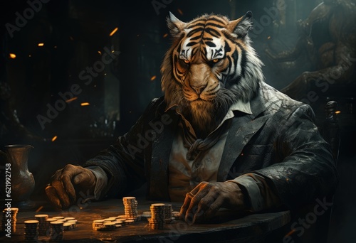 Animal tiger play poker blackjack in a casino, fantasy