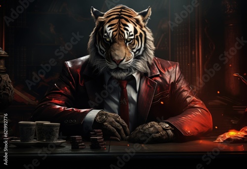 Animal tiger play poker blackjack in a casino  fantasy