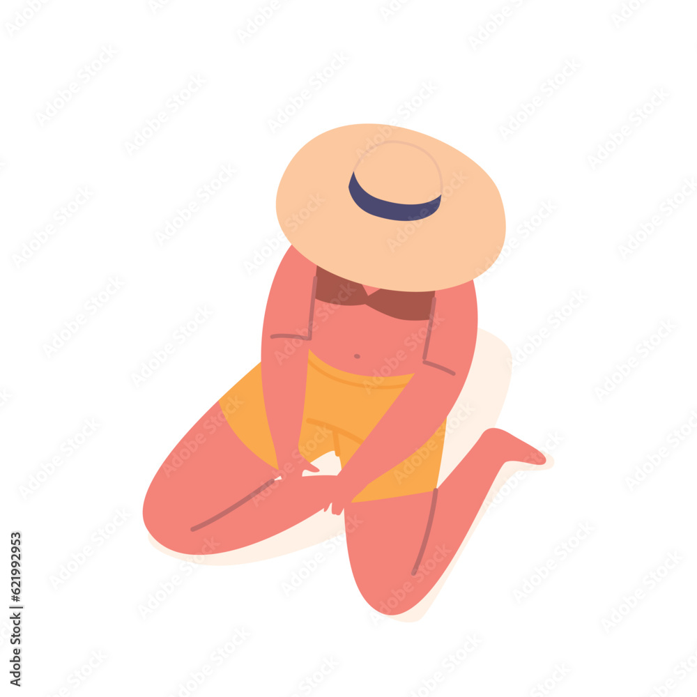 Woman Wearing Hat And Swimwear Sitting On Beach, Female Character Enjoying A Moment Of Relaxation And Leisure Woman Wearing Hat And Swimwear Sitting On Beach, Female Character Enjoying A Moment Of Relaxation And Leisure