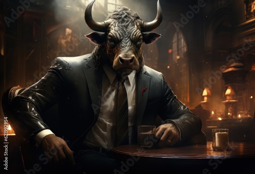 Animal bull plays poker blackjack in a casino, fantasy