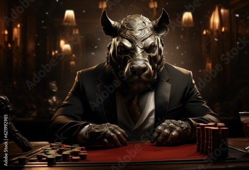 Animal bull plays poker blackjack in a casino, fantasy