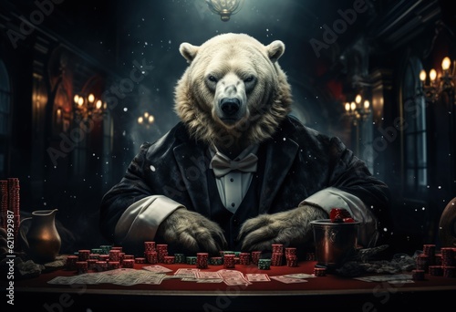Animal bear plays poker blackjack in a casino  fantasy