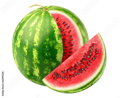 One watermelon with a cut out slice, isolated no background