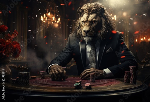 Animal Lion plays poker blackjack in a casino, fantasy